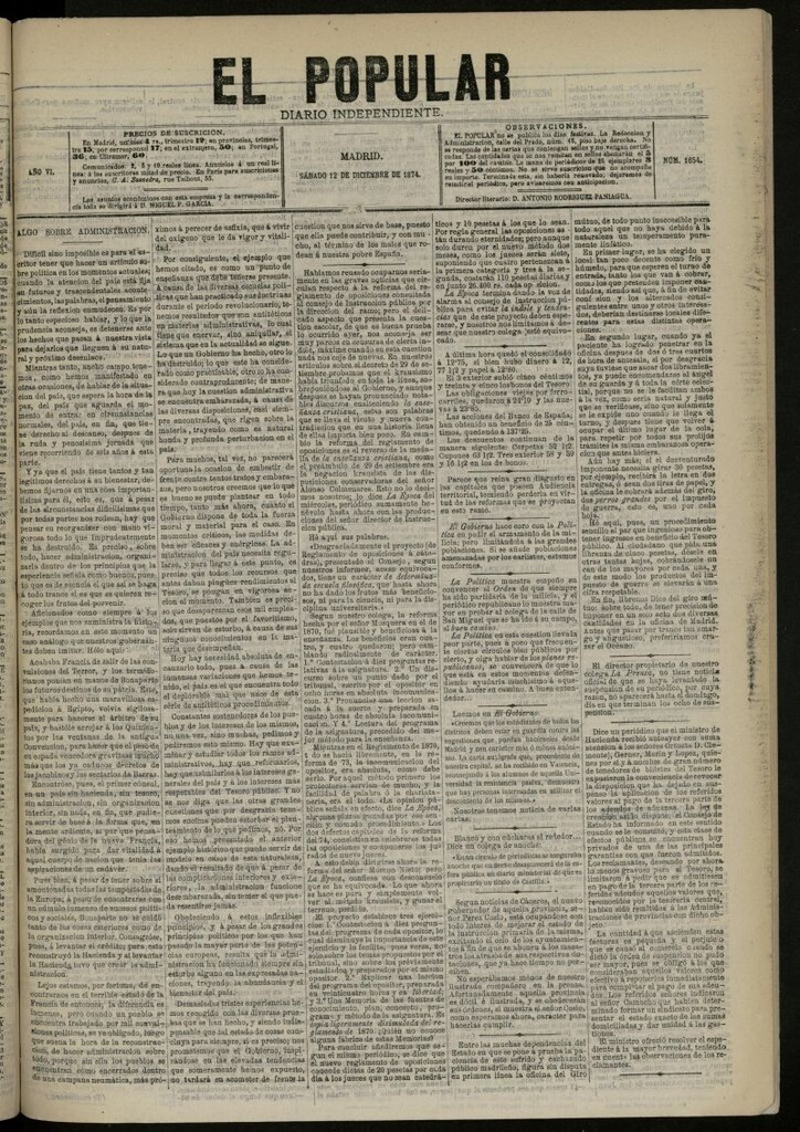 Miniatura de El Popular: diario independiente, político, literario y de noticias de interés general del 12 de diciembre de 1874, nº 1654