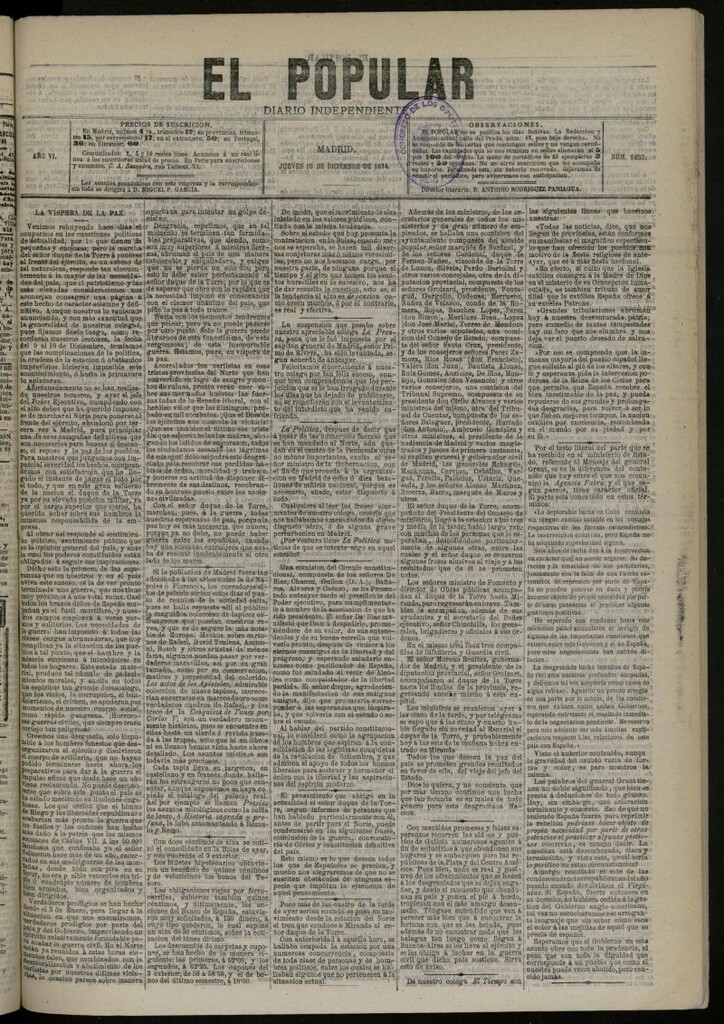 Miniatura de El Popular: diario independiente, político, literario y de noticias de interés general del 10 de diciembre de 1874, nº 1652