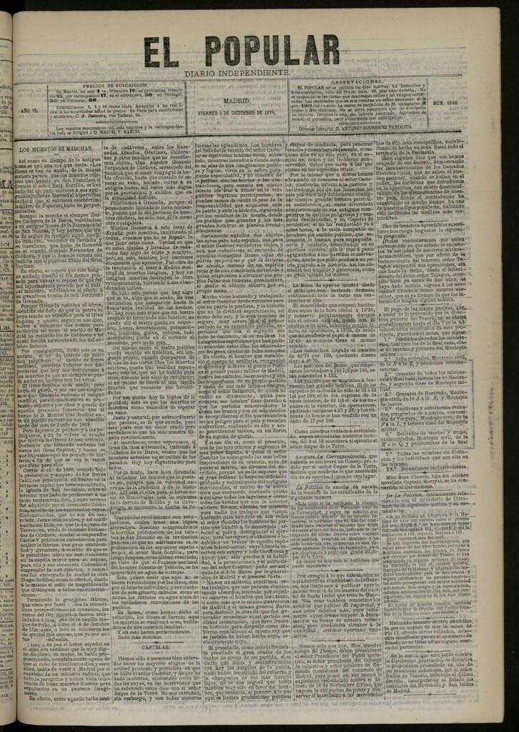 Miniatura de El Popular: diario independiente, político, literario y de noticias de interés general del 4 de diciembre de 1874, nº 1648