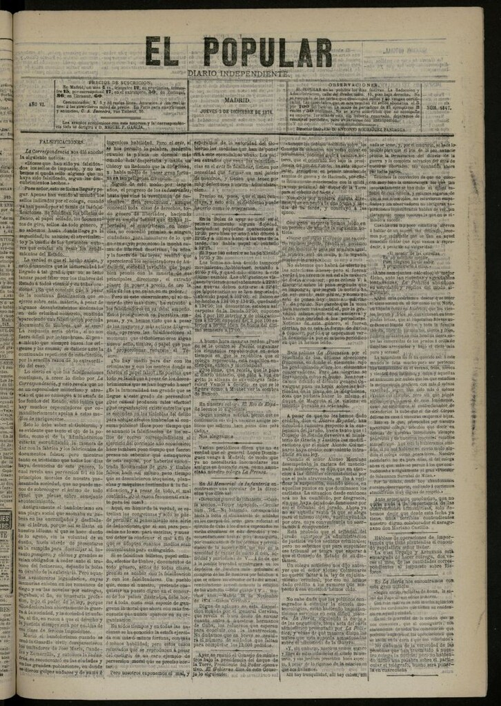 Miniatura de El Popular: diario independiente, político, literario y de noticias de interés general del 3 de diciembre de 1874, nº 1647