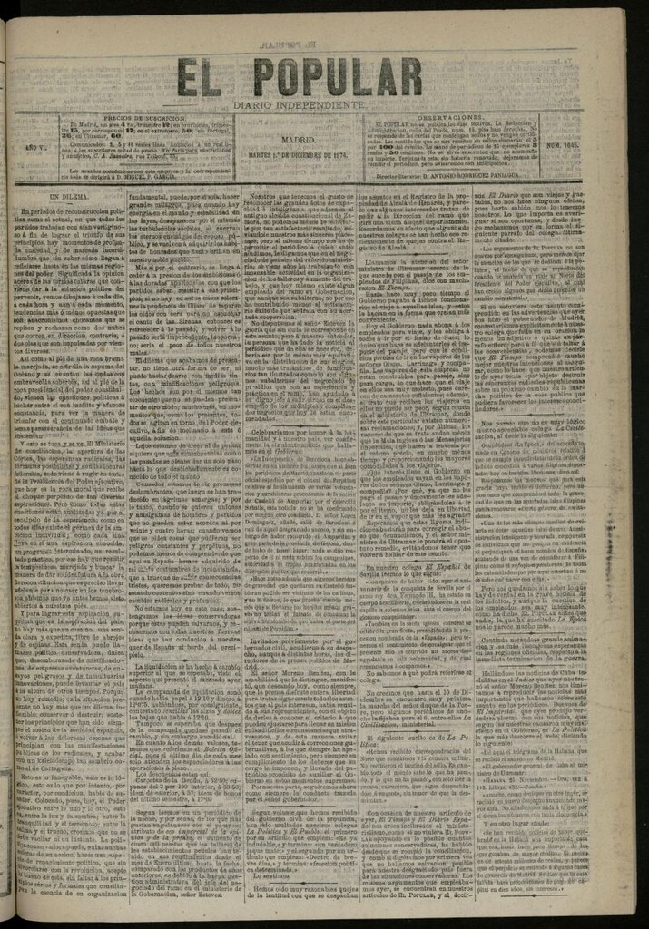 Miniatura de El Popular: diario independiente, político, literario y de noticias de interés general del 1 de diciembre de 1874, nº 1645