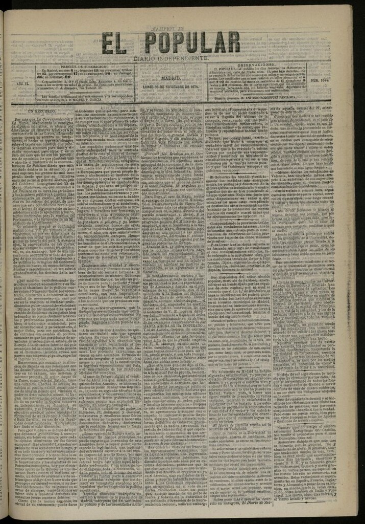 Miniatura de El Popular: diario independiente, político, literario y de noticias de interés general del 30 de noviembre de 1874, nº 1644