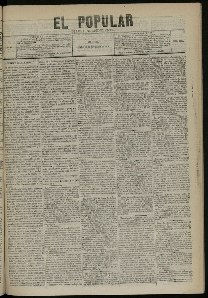 Miniatura de El Popular: diario independiente, político, literario y de noticias de interés general del 28 de noviembre de 1874, nº 1643