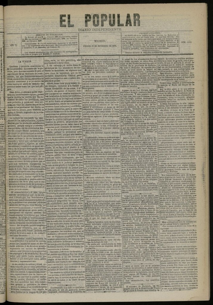Miniatura de El Popular: diario independiente, político, literario y de noticias de interés general del 27 de noviembre de 1874, nº 1642