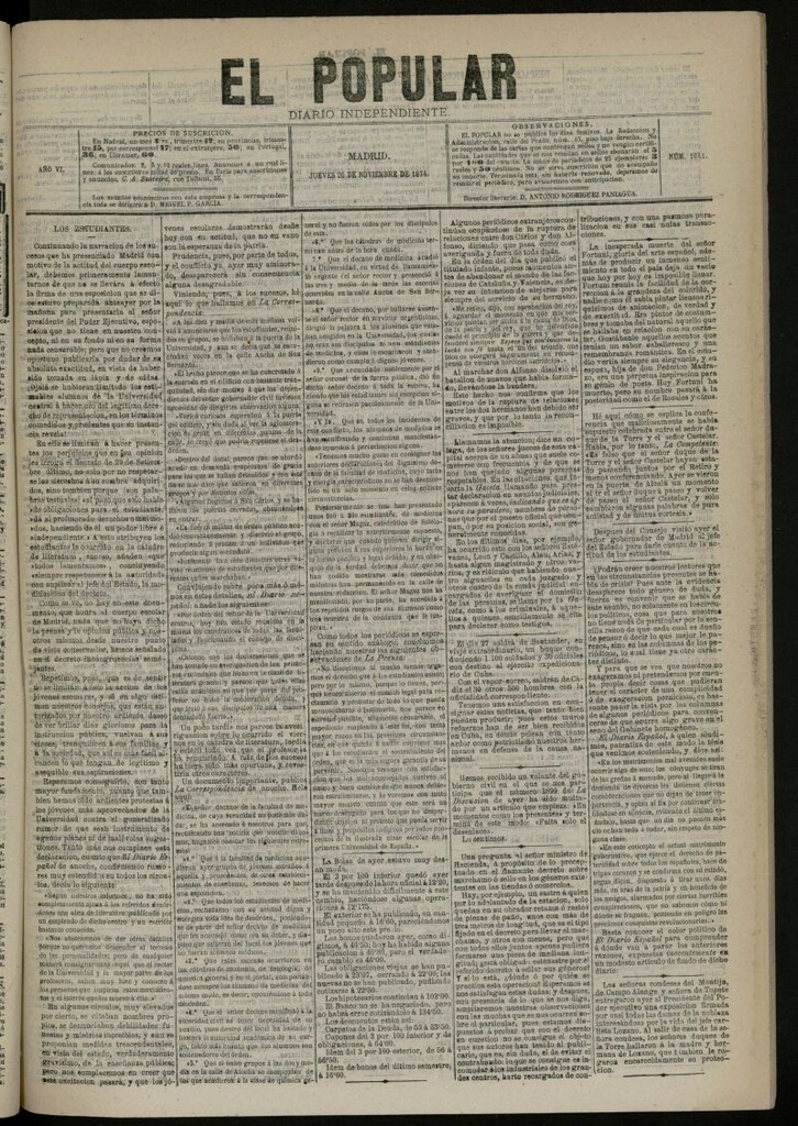 Miniatura de El Popular: diario independiente, político, literario y de noticias de interés general del 26 de noviembre de 1874, nº 1641