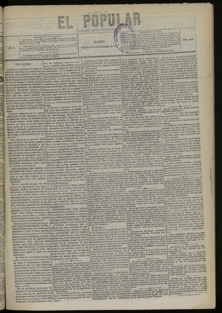 Miniatura de El Popular: diario independiente, político, literario y de noticias de interés general del 25 de noviembre de 1874, nº 1640