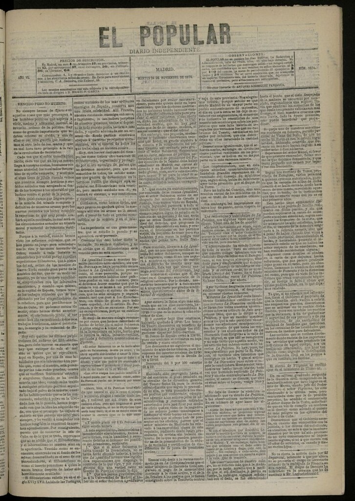 Miniatura de El Popular: diario independiente, político, literario y de noticias de interés general del 24 de noviembre de 1874, nº 1639