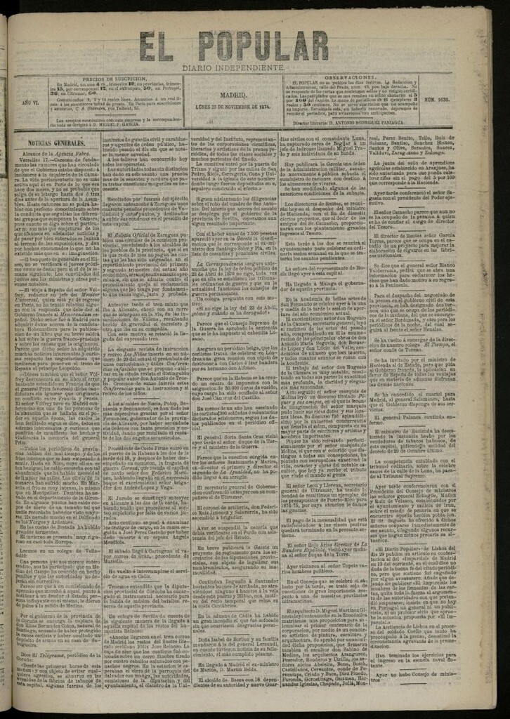 Miniatura de El Popular: diario independiente, político, literario y de noticias de interés general del 23 de noviembre de 1874, nº 1638