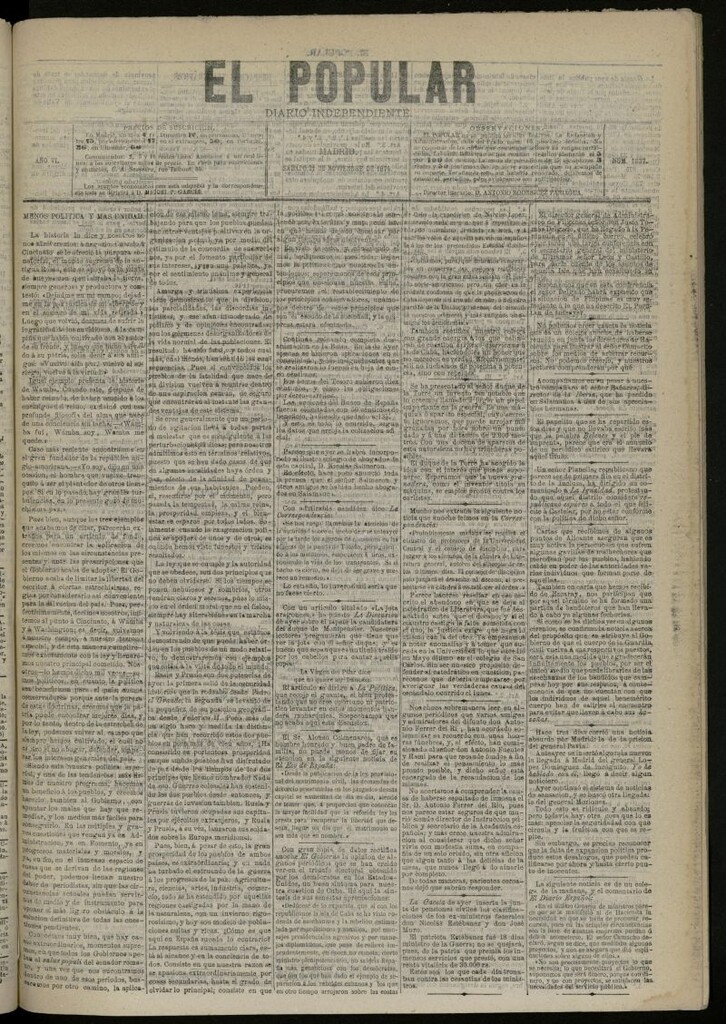 Miniatura de El Popular: diario independiente, político, literario y de noticias de interés general del 21 de noviembre de 1874, nº 1637