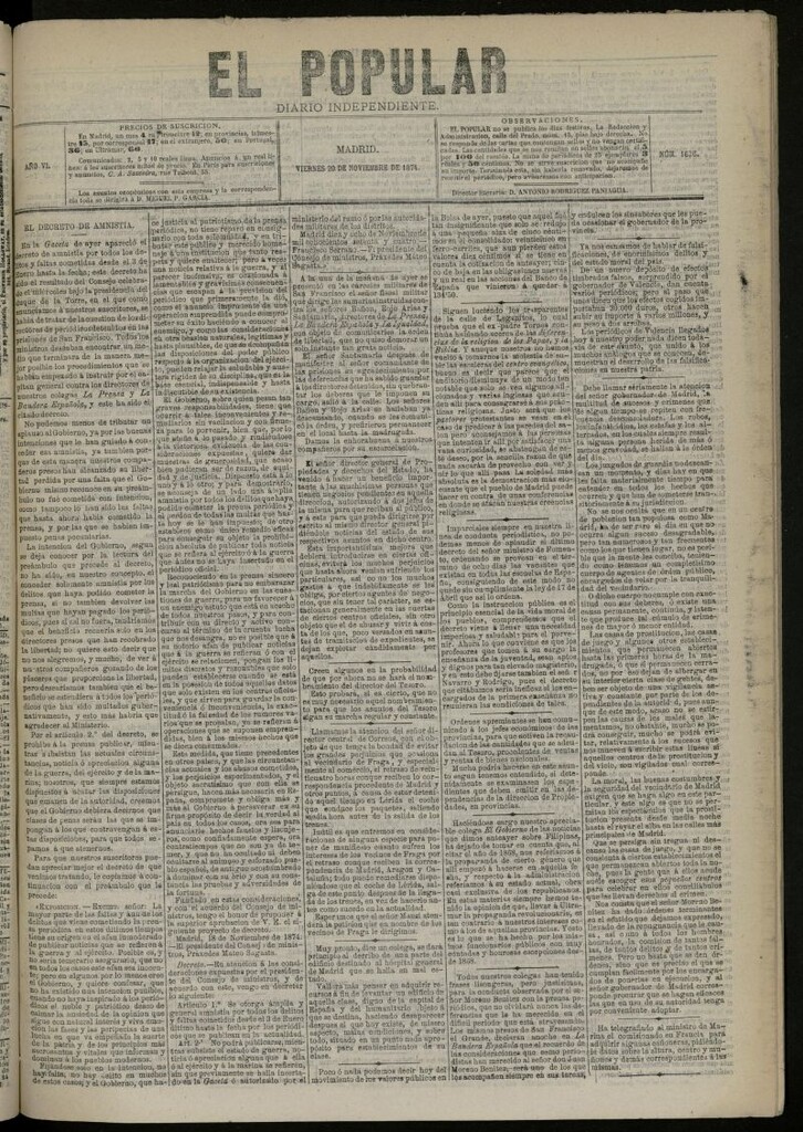 Miniatura de El Popular: diario independiente, político, literario y de noticias de interés general del 20 de noviembre de 1874, nº 1636
