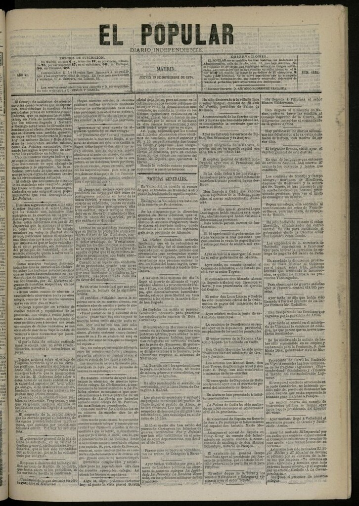 Miniatura de El Popular: diario independiente, político, literario y de noticias de interés general del 19 de noviembre de 1874, nº 1635