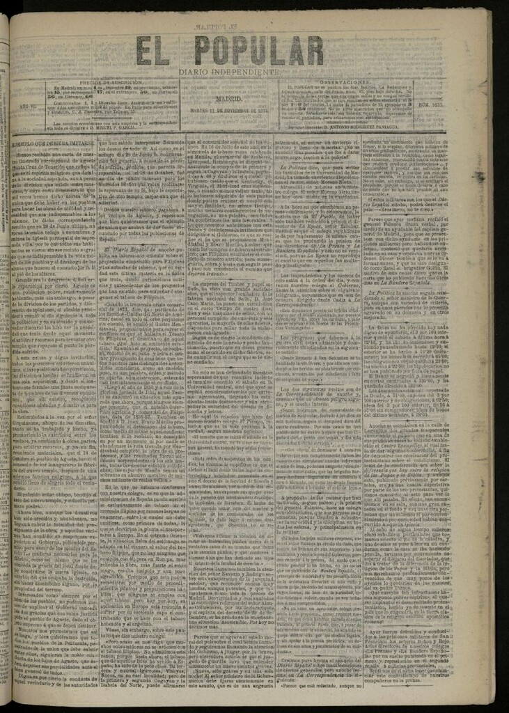 Miniatura de El Popular: diario independiente, político, literario y de noticias de interés general del 17 de noviembre de 1874, nº 1633