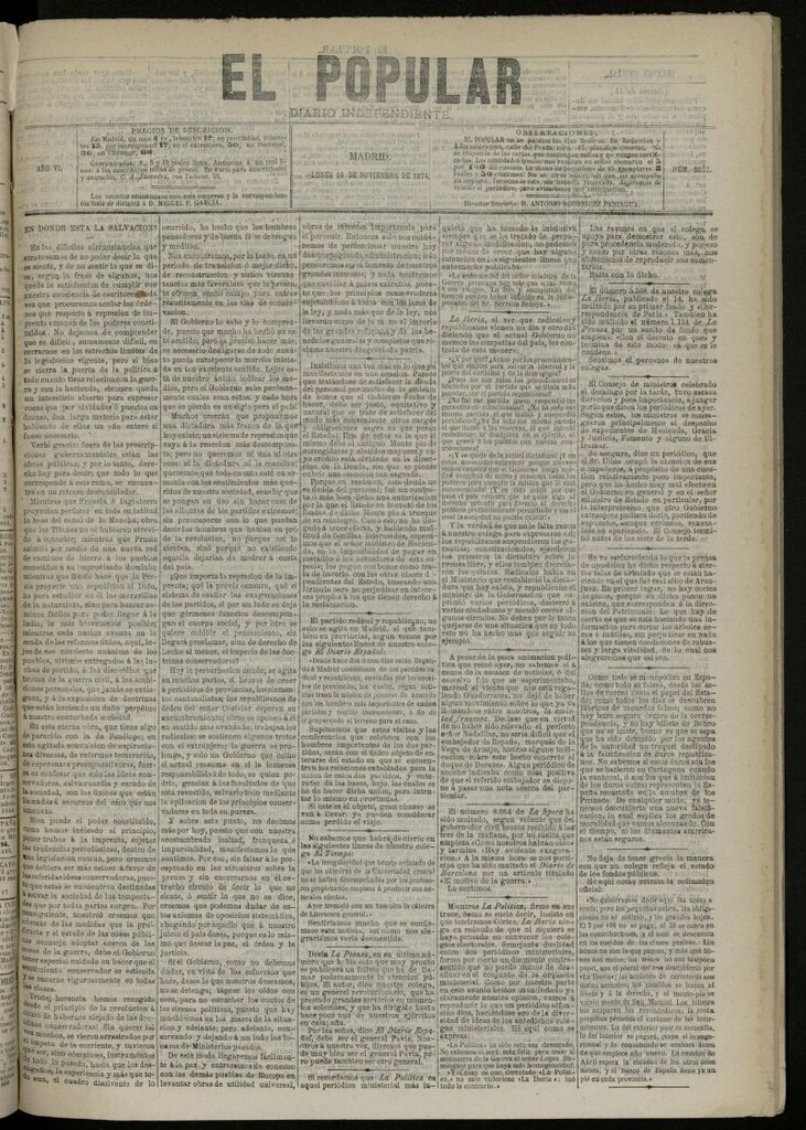 Miniatura de El Popular: diario independiente, político, literario y de noticias de interés general del 16 de noviembre de 1874, nº 1632