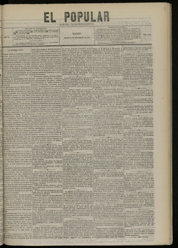 Miniatura de El Popular: diario independiente, político, literario y de noticias de interés general del 14 de noviembre de 1874, nº 1631