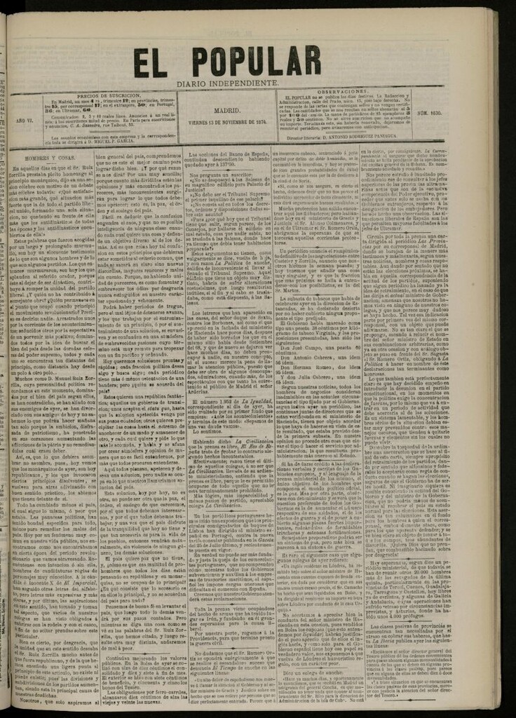 Miniatura de El Popular: diario independiente, político, literario y de noticias de interés general del 13 de noviembre de 1874, nº 1630