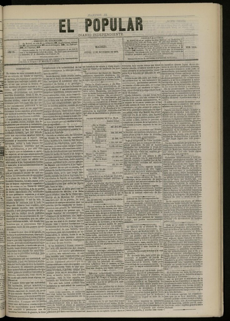 Miniatura de El Popular: diario independiente, político, literario y de noticias de interés general del 12 de noviembre de 1874, nº 1629