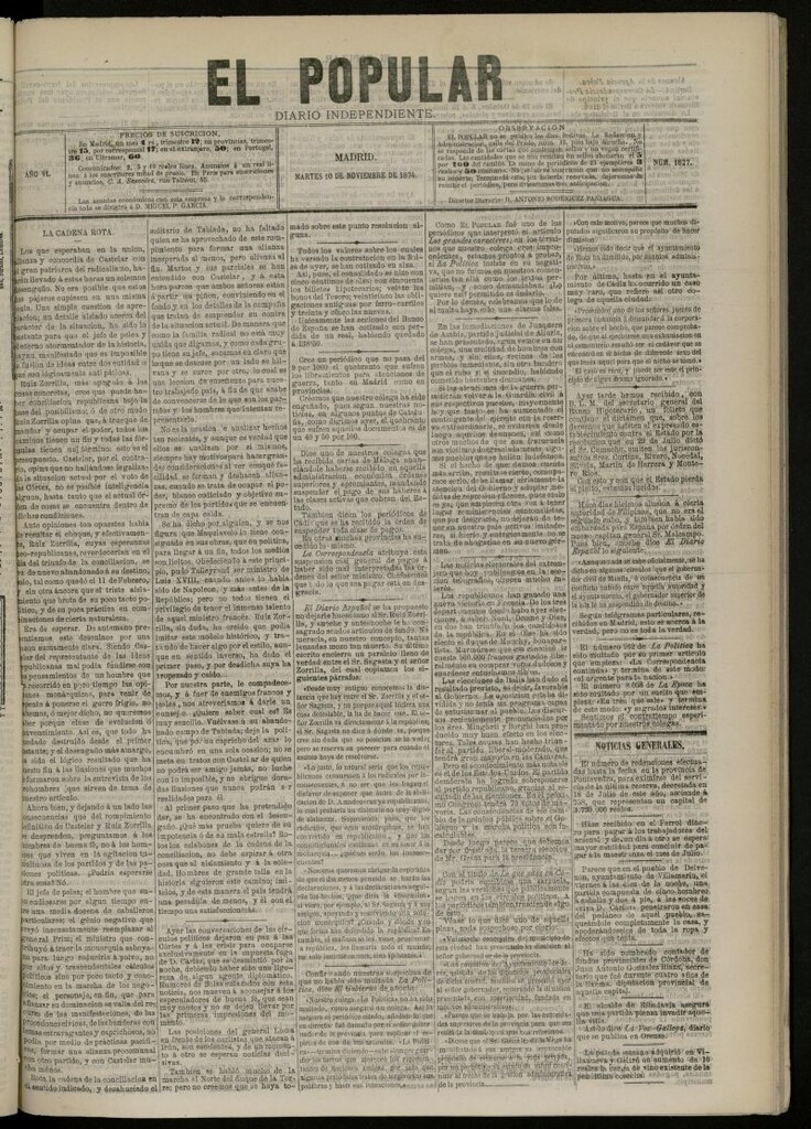 Miniatura de El Popular: diario independiente, político, literario y de noticias de interés general del 10 de noviembre de 1874, nº 1627