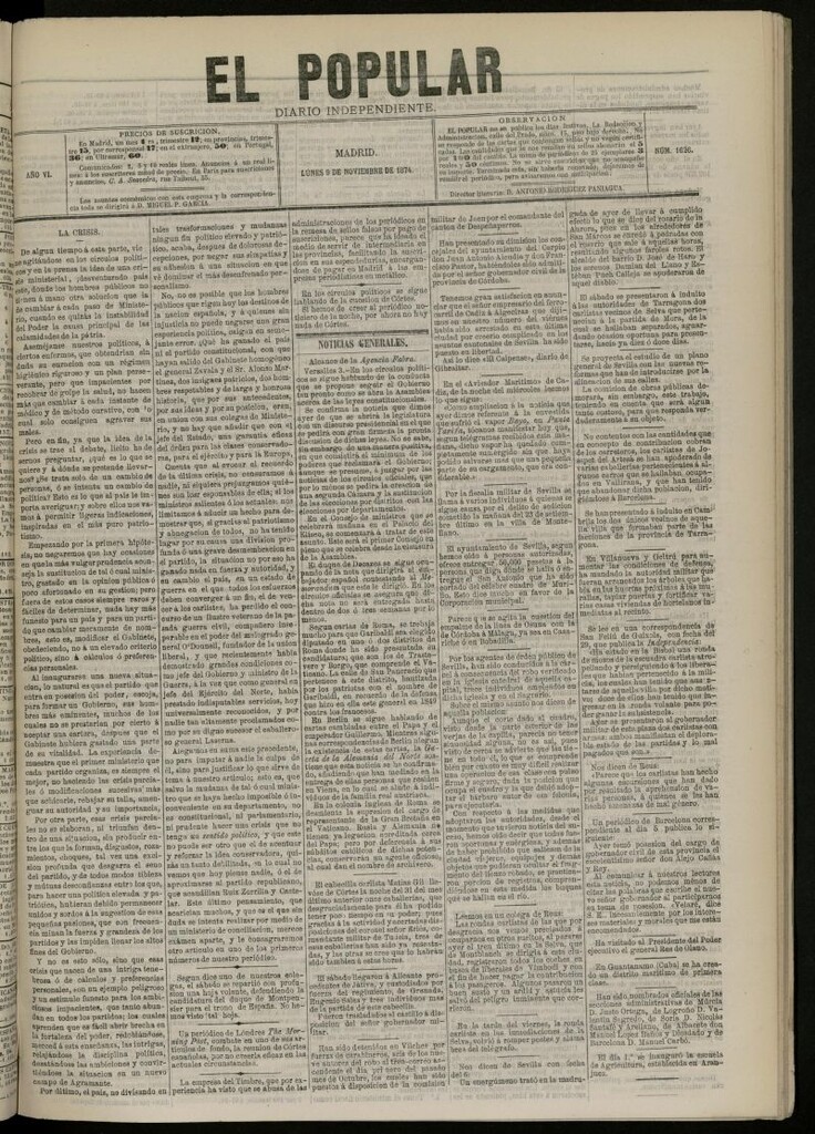 Miniatura de El Popular: diario independiente, político, literario y de noticias de interés general del 9 de noviembre de 1874, nº 1626