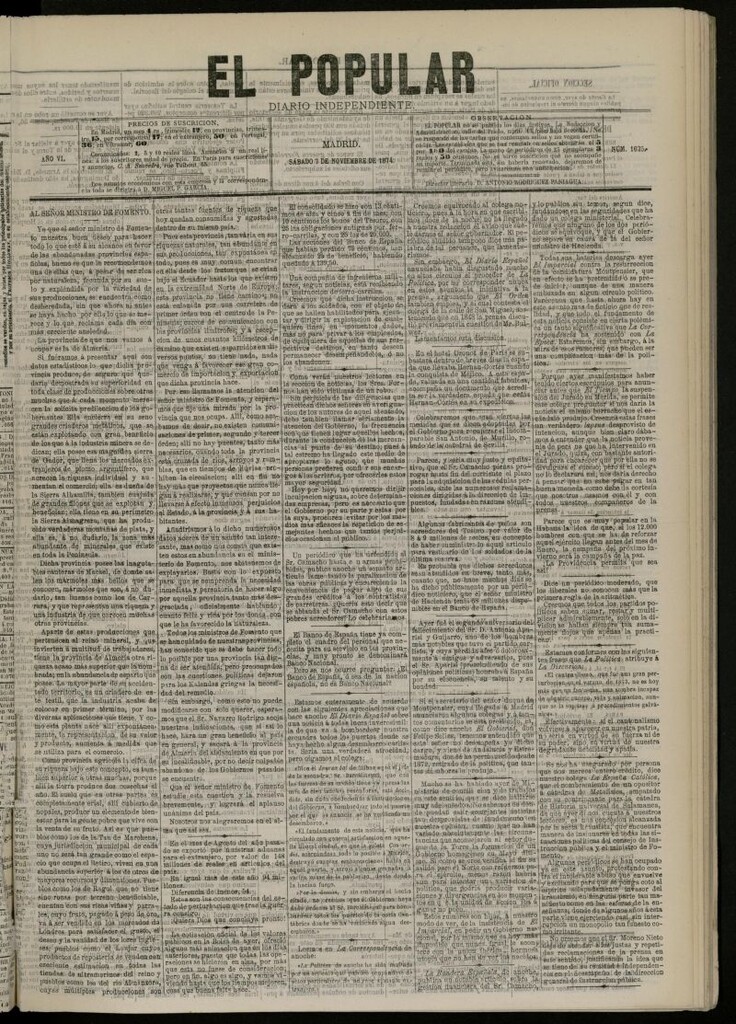 Miniatura de El Popular: diario independiente, político, literario y de noticias de interés general del 7 de noviembre de 1874, nº 1625