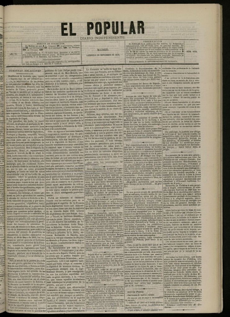Miniatura de El Popular: diario independiente, político, literario y de noticias de interés general del 6 de noviembre de 1874, nº 1624