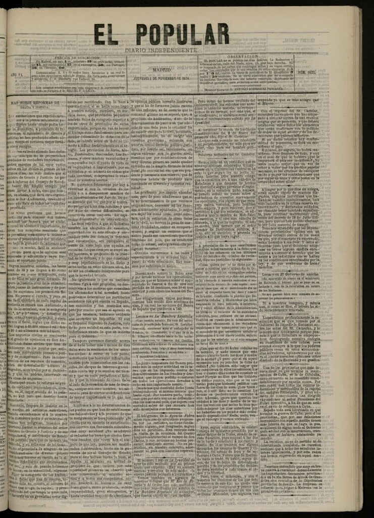 Miniatura de El Popular: diario independiente, político, literario y de noticias de interés general del 5 de noviembre de 1874, nº 1623