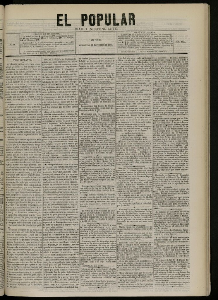 Miniatura de El Popular: diario independiente, político, literario y de noticias de interés general del 4 de noviembre de 1874, nº 1622