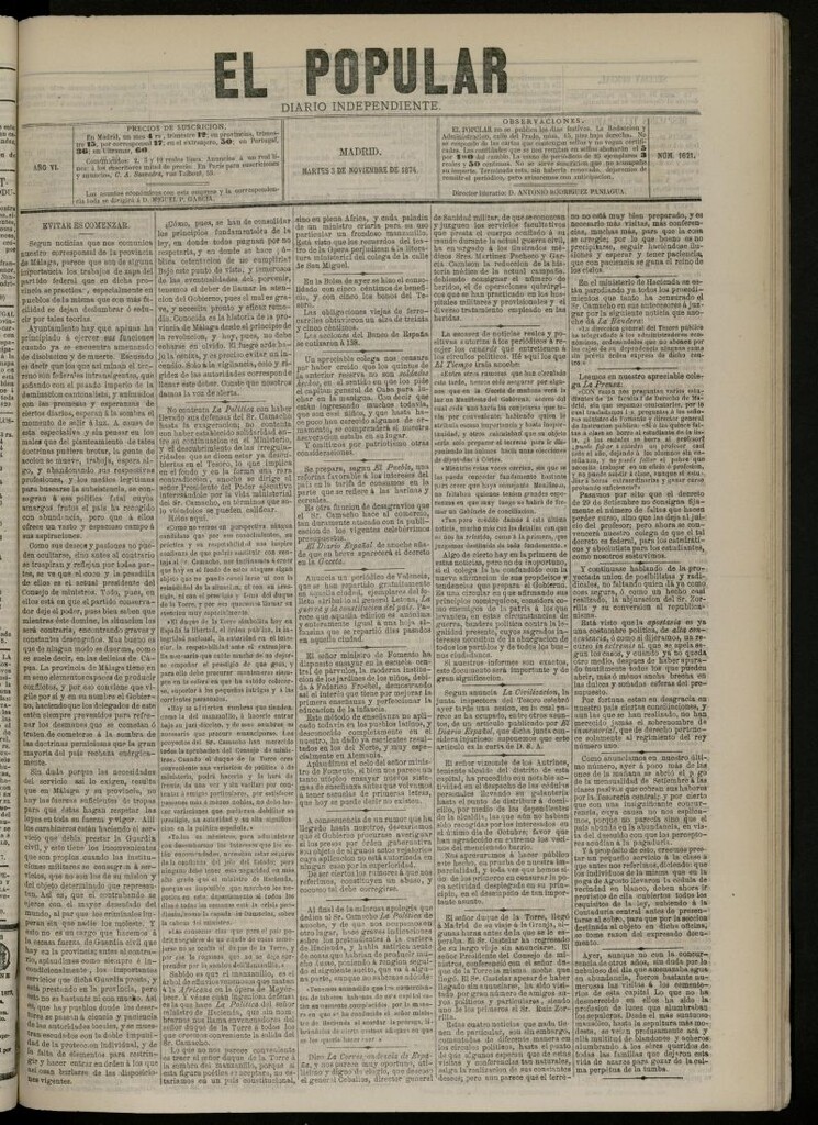 Miniatura de El Popular: diario independiente, político, literario y de noticias de interés general del 3 de noviembre de 1874, nº 1621