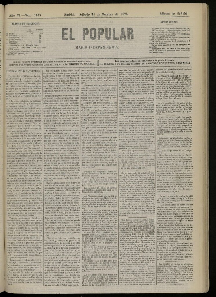 Miniatura de El Popular: diario independiente, político, literario y de noticias de interés general del 31 de octubre de 1874, nº 1647