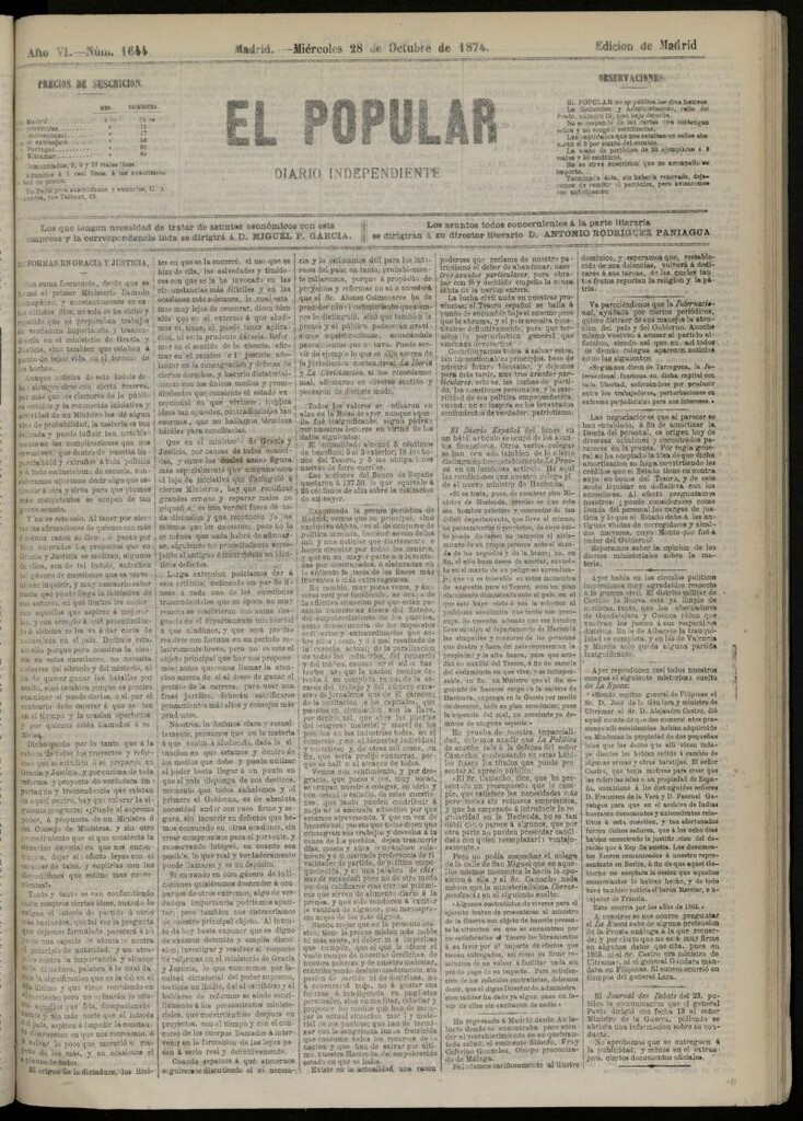 Miniatura de El Popular: diario independiente, político, literario y de noticias de interés general del 28 de octubre de 1874, nº 1644