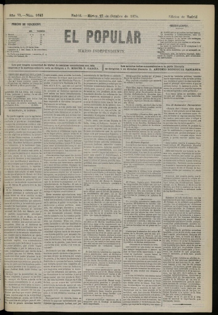 Miniatura de El Popular: diario independiente, político, literario y de noticias de interés general del 27 de octubre de 1874, nº 1643