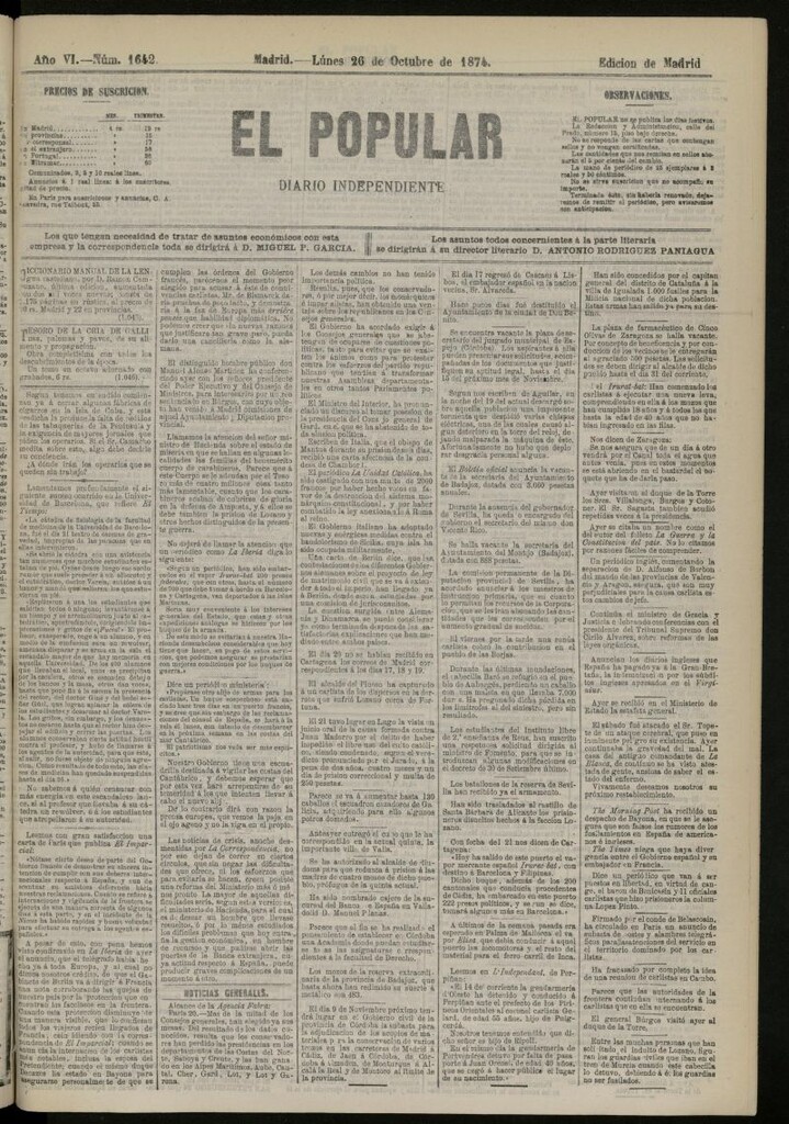 Miniatura de El Popular: diario independiente, político, literario y de noticias de interés general del 26 de octubre de 1874, nº 1642