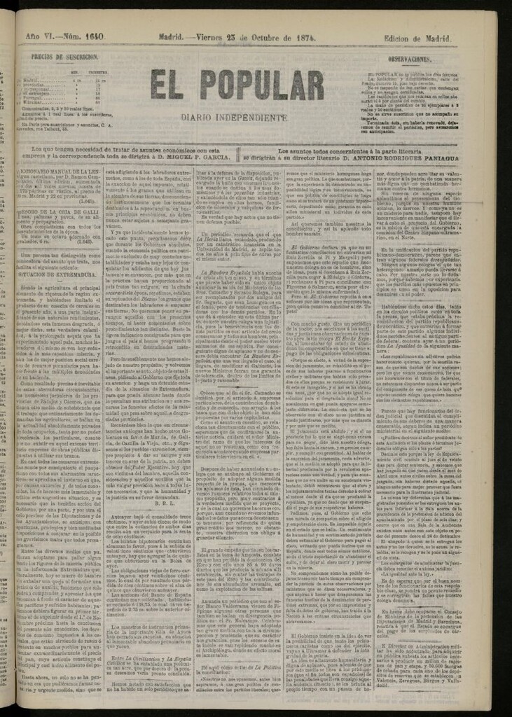 Miniatura de El Popular: diario independiente, político, literario y de noticias de interés general del 23 de octubre de 1874, nº 1640