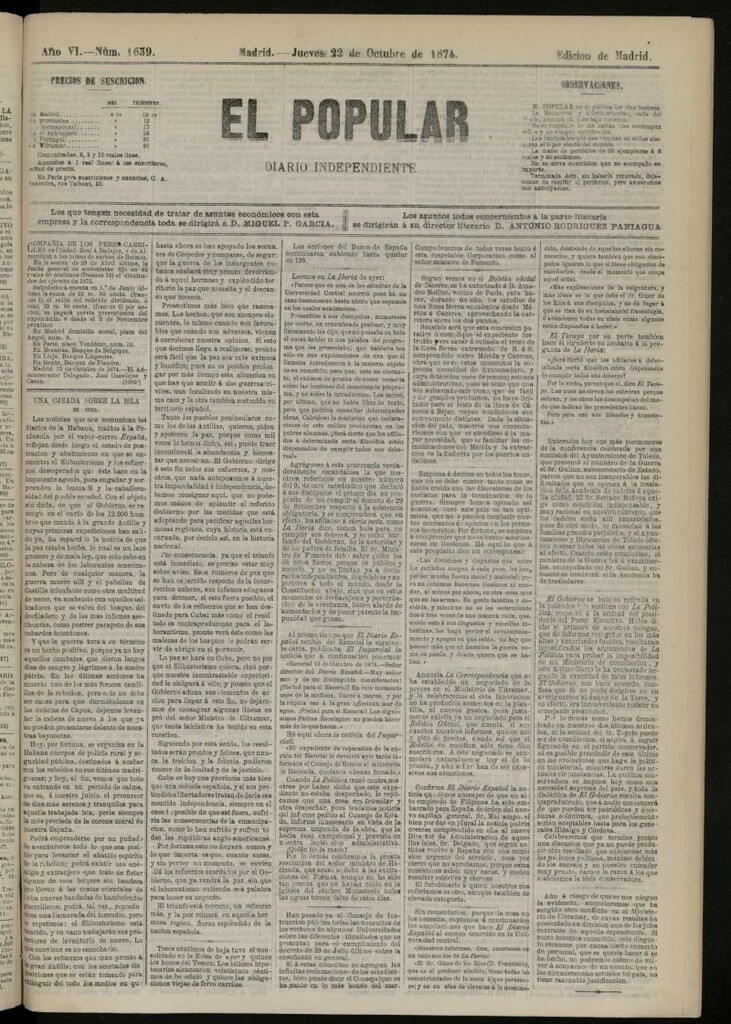 Miniatura de El Popular: diario independiente, político, literario y de noticias de interés general del 22 de octubre de 1874, nº 1639