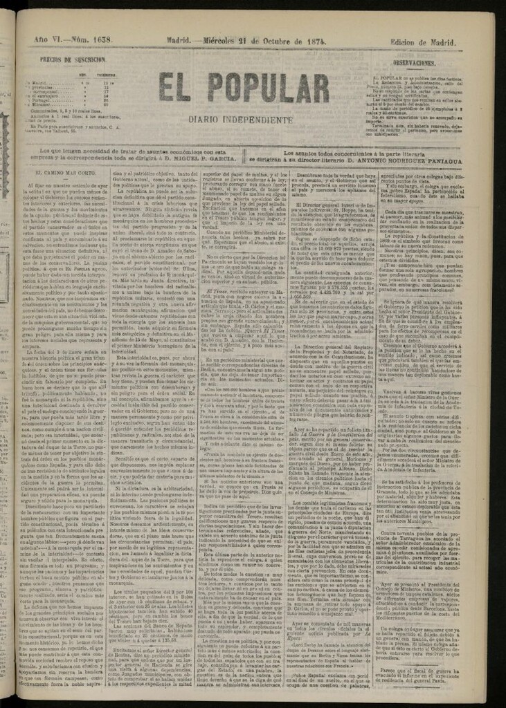 Miniatura de El Popular: diario independiente, político, literario y de noticias de interés general del 21 de octubre de 1874, nº 1638