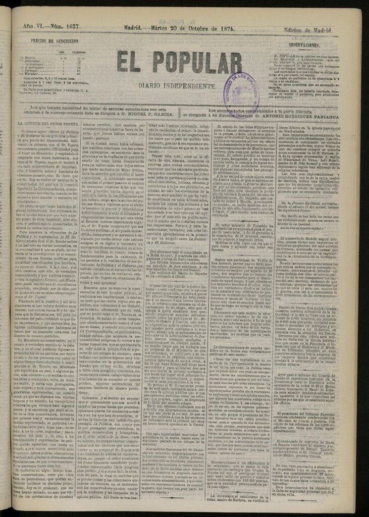 Miniatura de El Popular: diario independiente, político, literario y de noticias de interés general del 20 de octubre de 1874, nº 1637