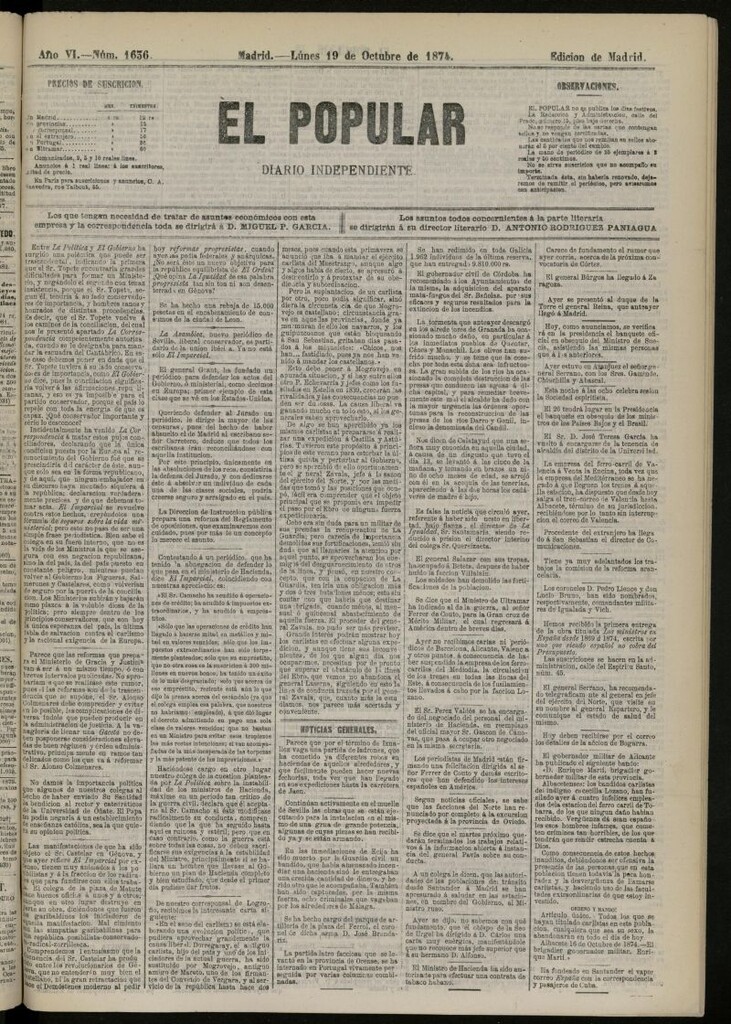 Miniatura de El Popular: diario independiente, político, literario y de noticias de interés general del 19 de octubre de 1874, nº 1636