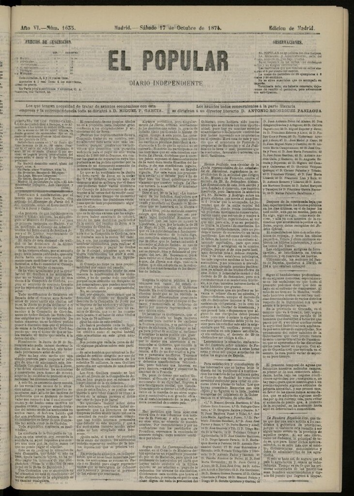 Miniatura de El Popular: diario independiente, político, literario y de noticias de interés general del 17 de octubre de 1874, nº 1635