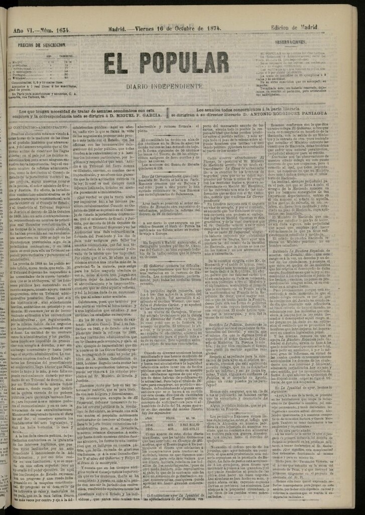 Miniatura de El Popular: diario independiente, político, literario y de noticias de interés general del 16 de octubre de 1874, nº 1634
