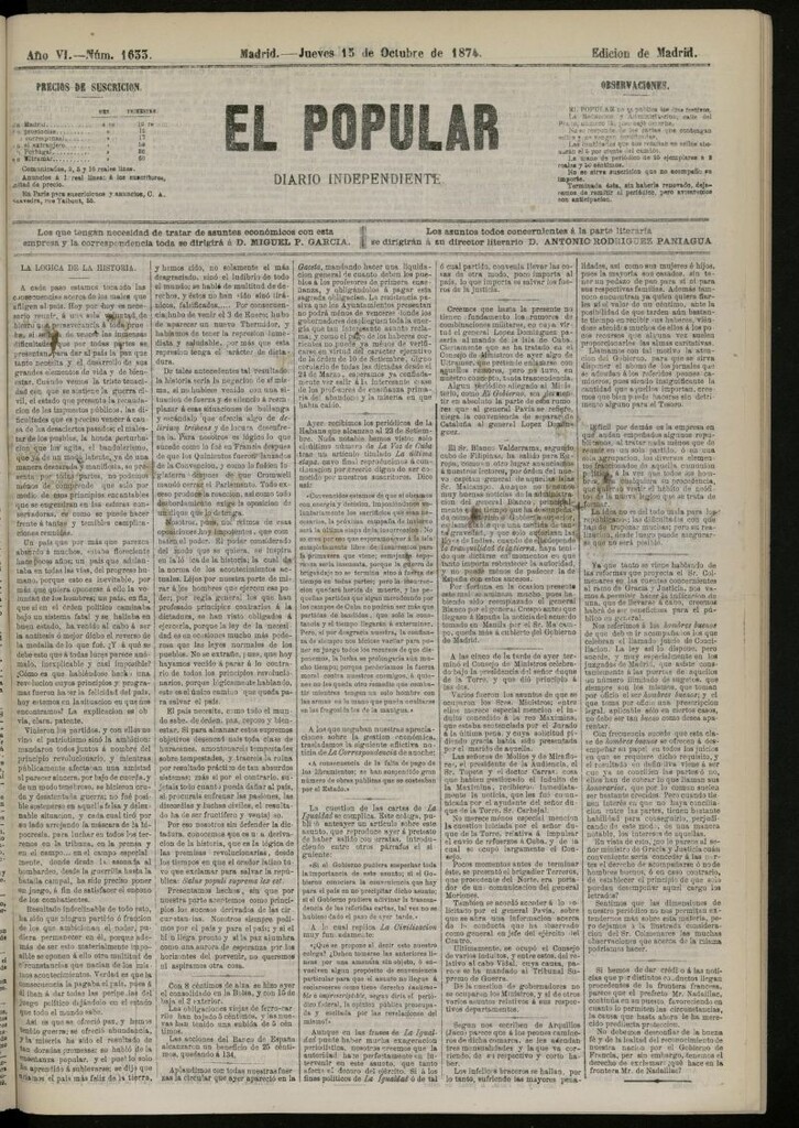 Miniatura de El Popular: diario independiente, político, literario y de noticias de interés general del 15 de octubre de 1874, nº 1633