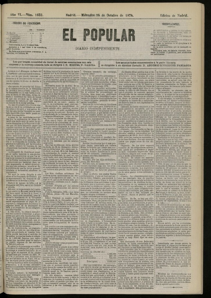 Miniatura de El Popular: diario independiente, político, literario y de noticias de interés general del 14 de octubre de 1874, nº 1632