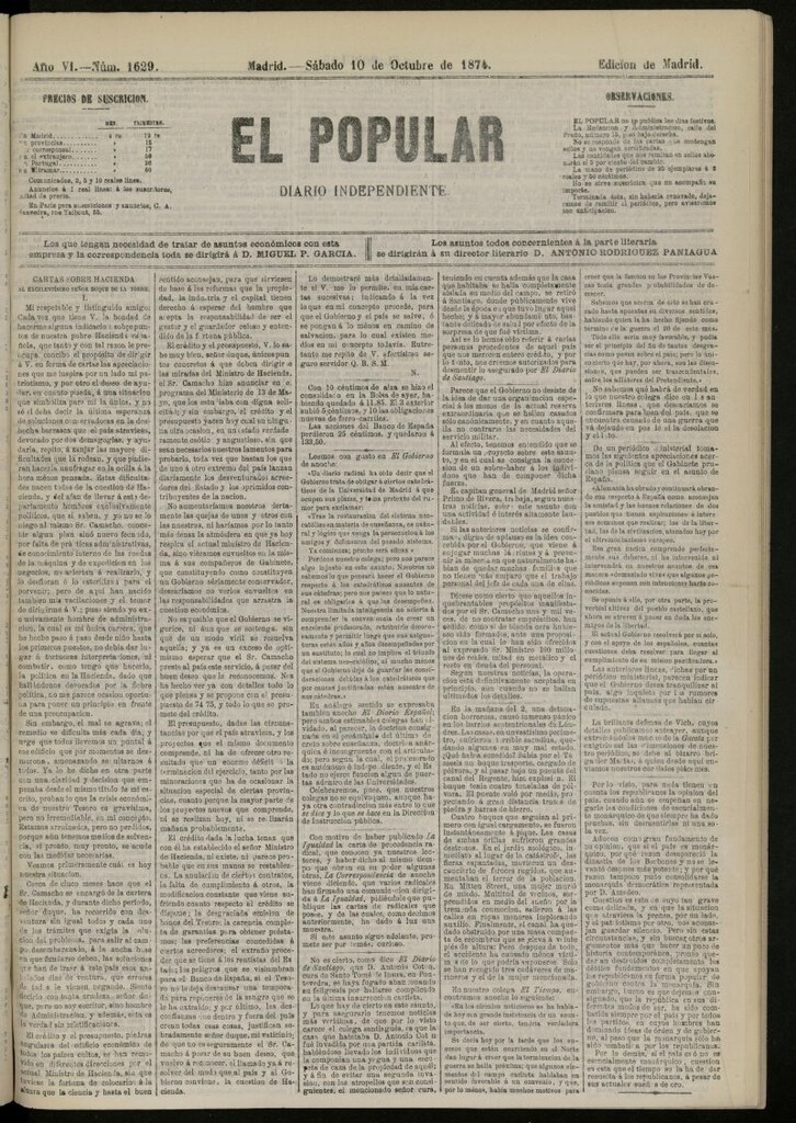 Miniatura de El Popular: diario independiente, político, literario y de noticias de interés general del 10 de octubre de 1874, nº 1629