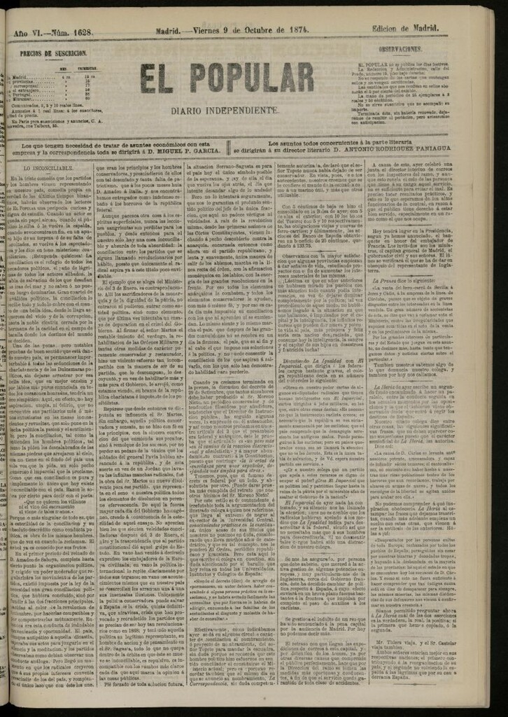 Miniatura de El Popular: diario independiente, político, literario y de noticias de interés general del 9 de octubre de 1874, nº 1628