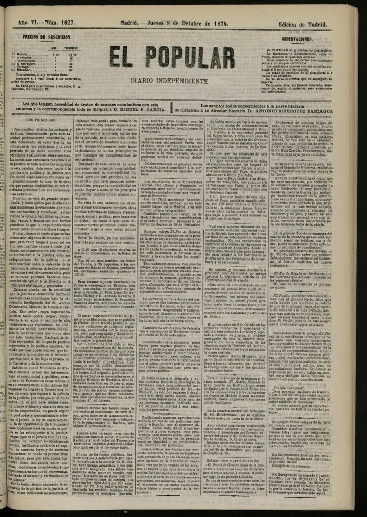 Miniatura de El Popular: diario independiente, político, literario y de noticias de interés general del 8 de octubre de 1874, nº 1627