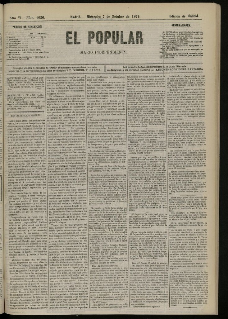 Miniatura de El Popular: diario independiente, político, literario y de noticias de interés general del 7 de octubre de 1874, nº 1626