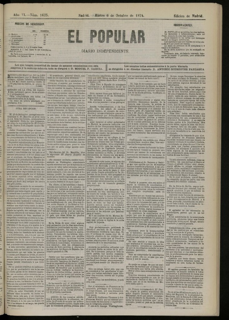 Miniatura de El Popular: diario independiente, político, literario y de noticias de interés general del 6 de octubre de 1874, nº 1625
