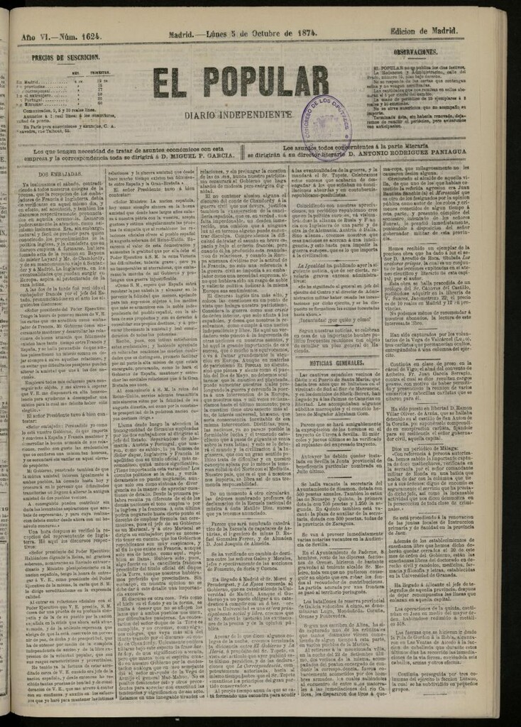 Miniatura de El Popular: diario independiente, político, literario y de noticias de interés general del 5 de octubre de 1874, nº 1624