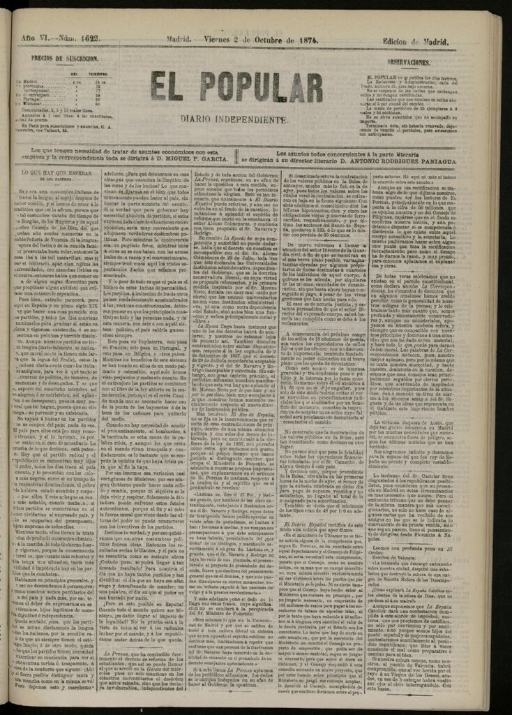 Miniatura de El Popular: diario independiente, político, literario y de noticias de interés general del 2 de octubre de 1874, nº 1622