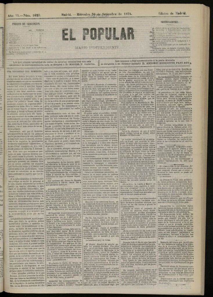 Miniatura de El Popular: diario independiente, político, literario y de noticias de interés general del 30 de septiembre de 1874, nº 1620