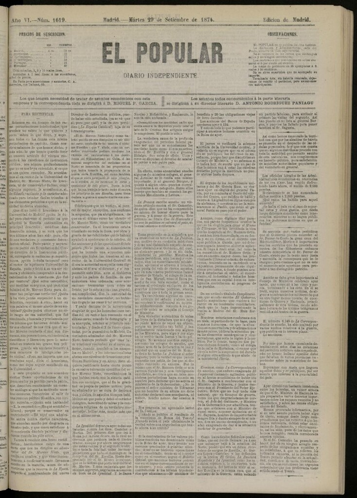 Miniatura de El Popular: diario independiente, político, literario y de noticias de interés general del 29 de septiembre de 1874, nº 1619