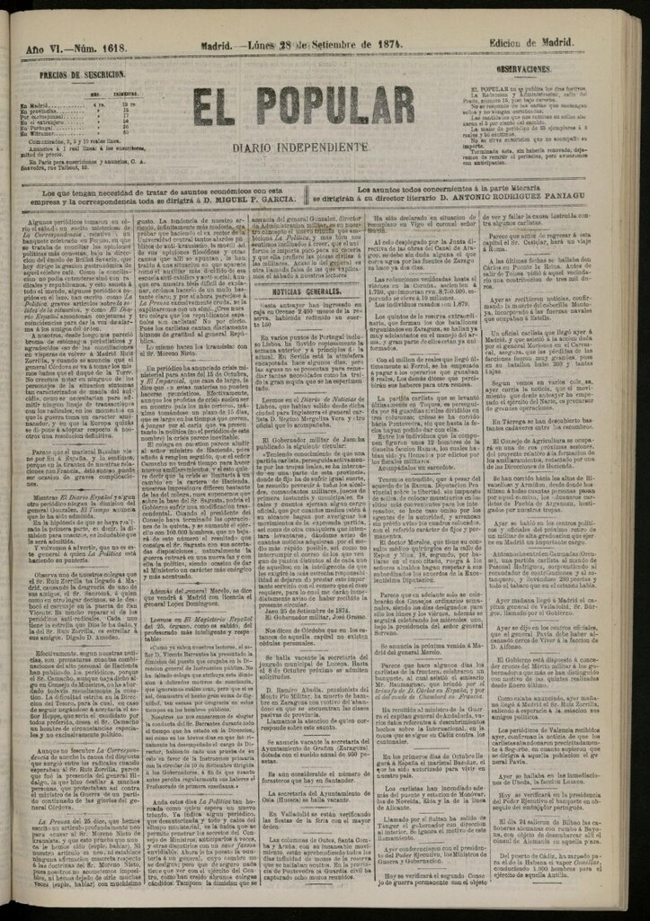 Miniatura de El Popular: diario independiente, político, literario y de noticias de interés general del 28 de septiembre de 1874, nº 1618